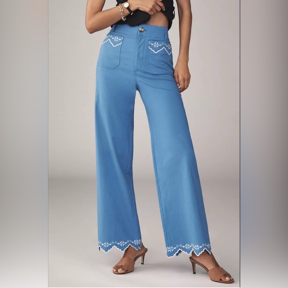 NWT Anthropologie The Colette Lace Trim Full-Length Wide-Leg Pants by Maeve